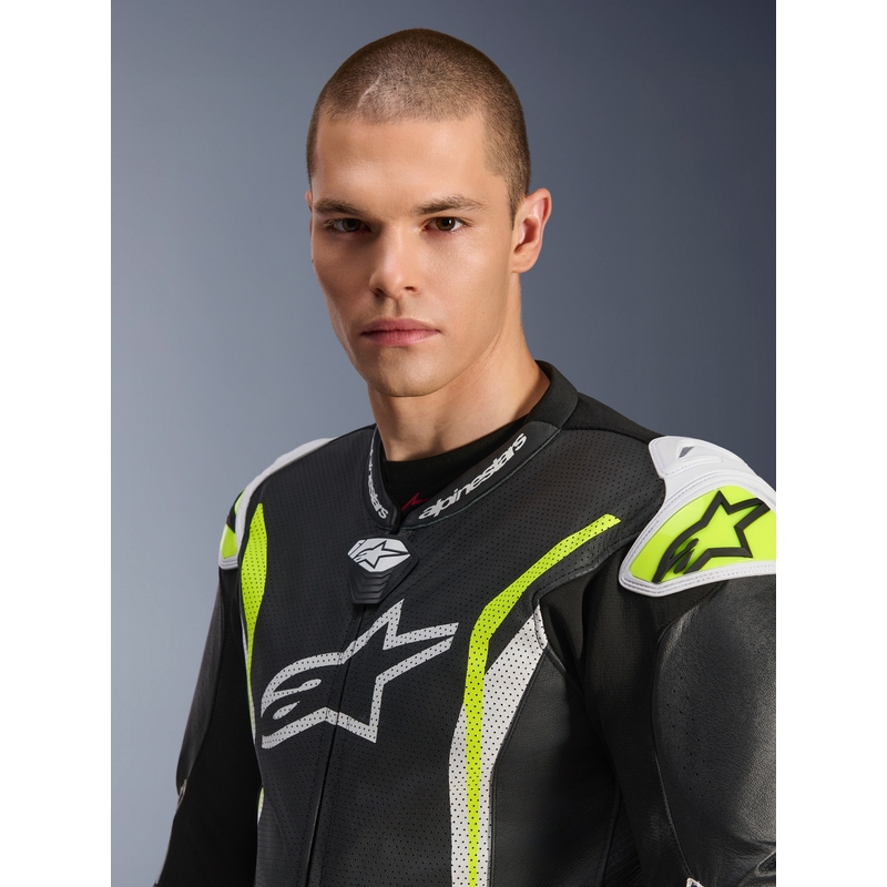 Costum de motocicletă din piele Alpinestars GP TECH V5 negru-alb-galben fluo