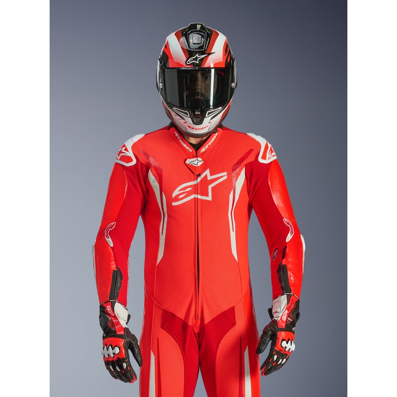 Costum de piele pentru motocicletă Alpinestars GP TECH V5, dintr-o singură piesă, roșu fluo-roșu-alb