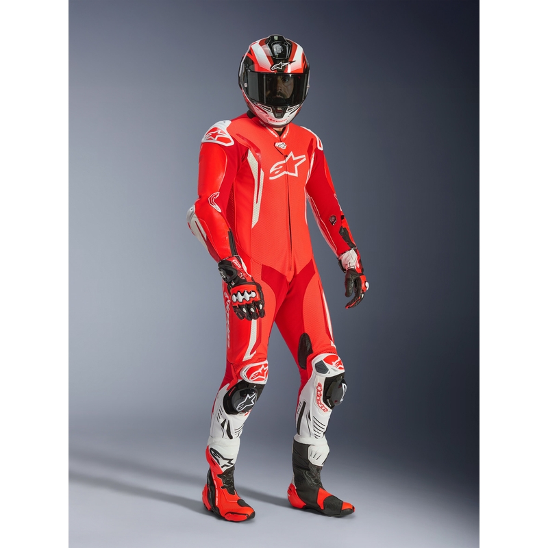 Costum de piele pentru motocicletă Alpinestars GP TECH V5, dintr-o singură piesă, roșu fluo-roșu-alb