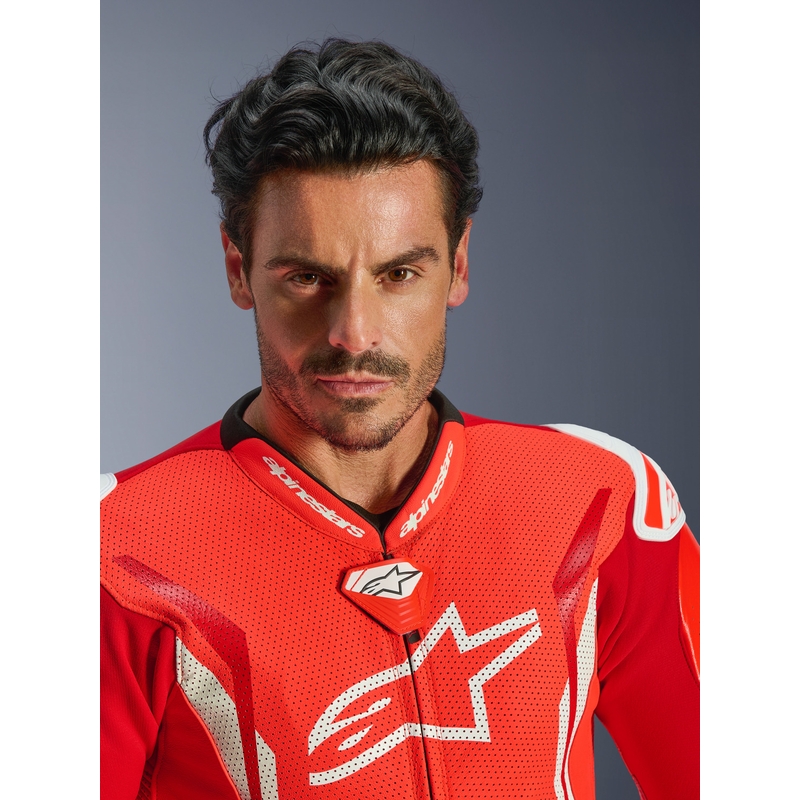 Costum de piele pentru motocicletă Alpinestars GP TECH V5, dintr-o singură piesă, roșu fluo-roșu-alb