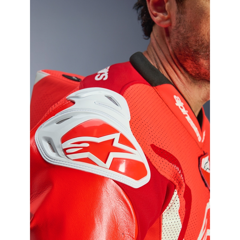 Costum de piele pentru motocicletă Alpinestars GP TECH V5, dintr-o singură piesă, roșu fluo-roșu-alb