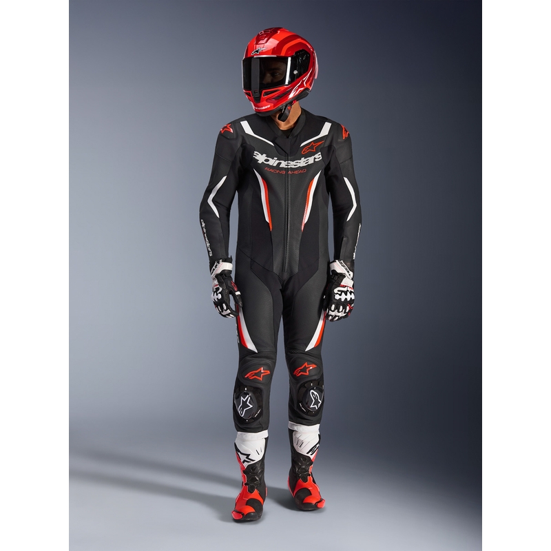 Costum de motocicletă Alpinestars GP FORCE V2 dintr-o singură piesă negru-alb-roșu fluo