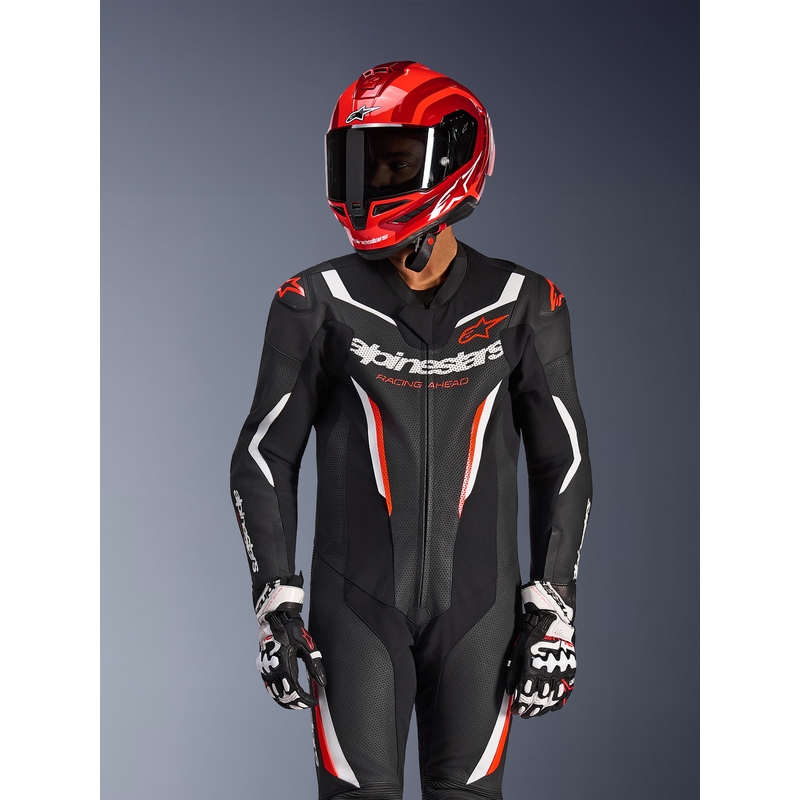 Costum de motocicletă Alpinestars GP FORCE V2 dintr-o singură piesă negru-alb-roșu fluo