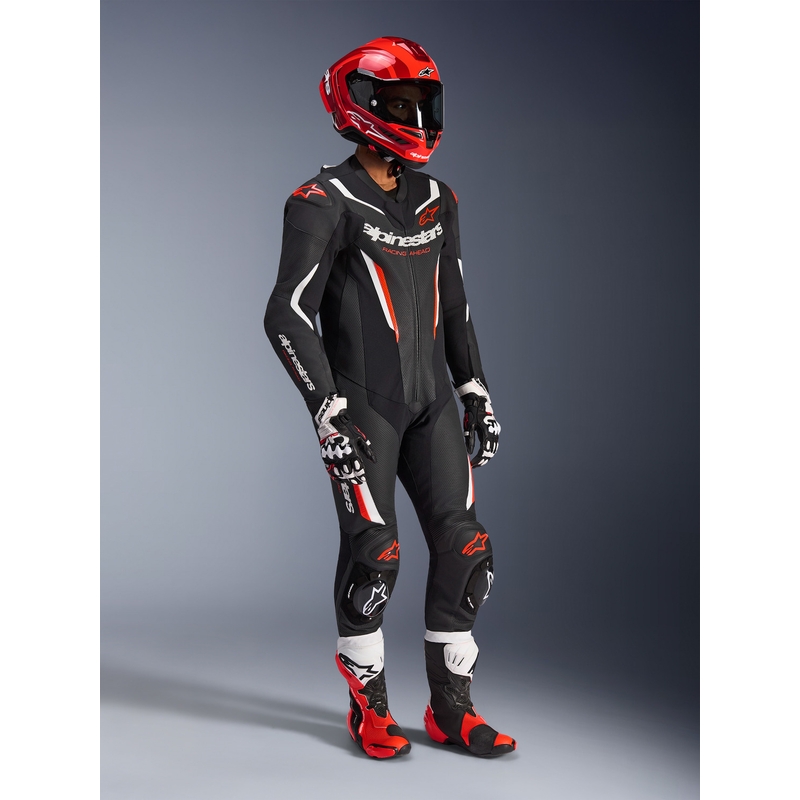 Costum de motocicletă Alpinestars GP FORCE V2 dintr-o singură piesă negru-alb-roșu fluo