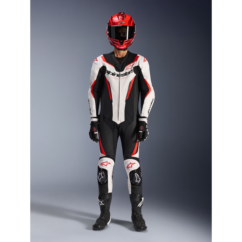 Costum de motocicletă Alpinestars GP FORCE V2 dintr-o singură piesă alb-negru-roșu fluo