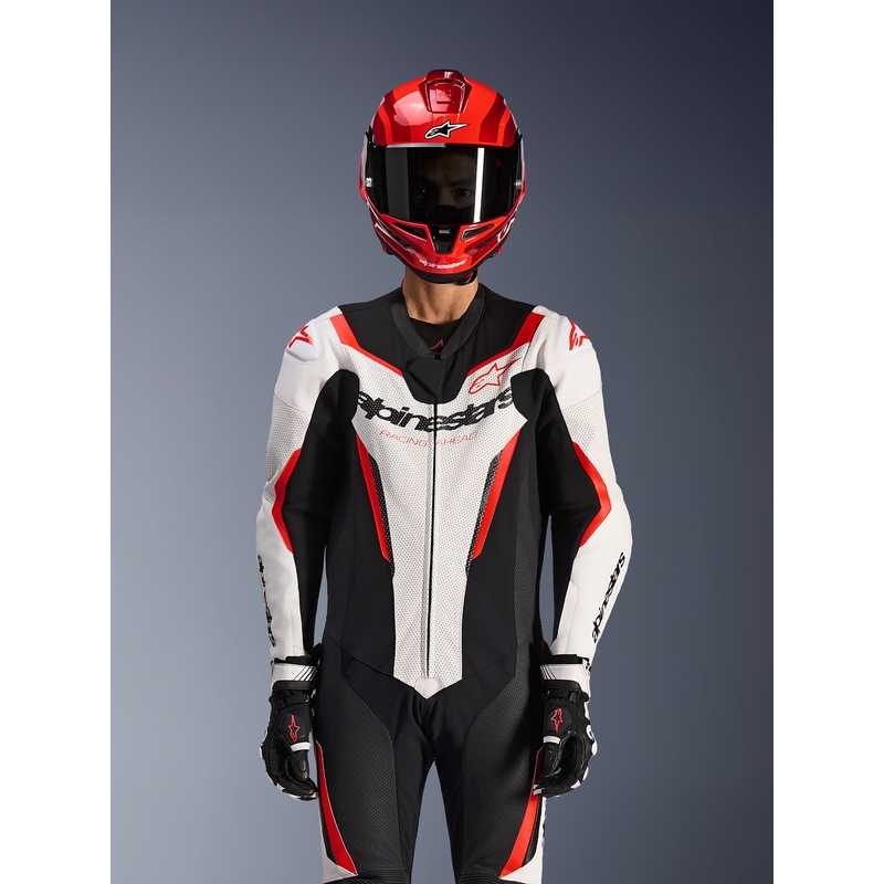 Costum de motocicletă Alpinestars GP FORCE V2 dintr-o singură piesă alb-negru-roșu fluo