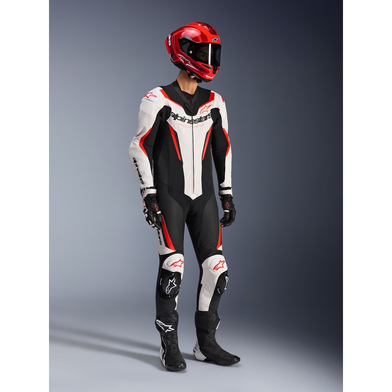 Costum de motocicletă Alpinestars GP FORCE V2 dintr-o singură piesă alb-negru-roșu fluo