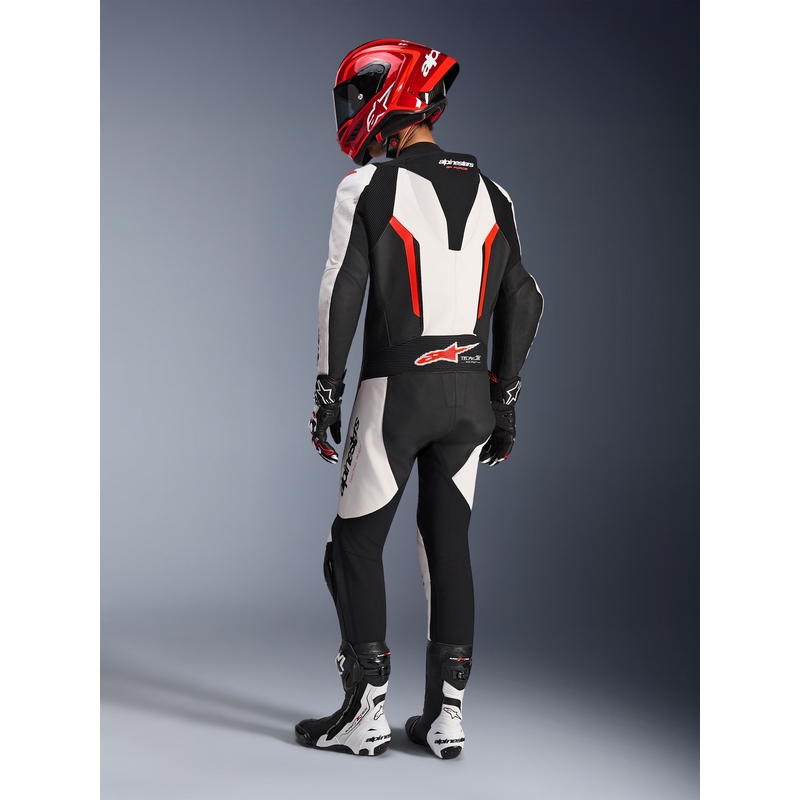 Costum de motocicletă Alpinestars GP FORCE V2 dintr-o singură piesă alb-negru-roșu fluo