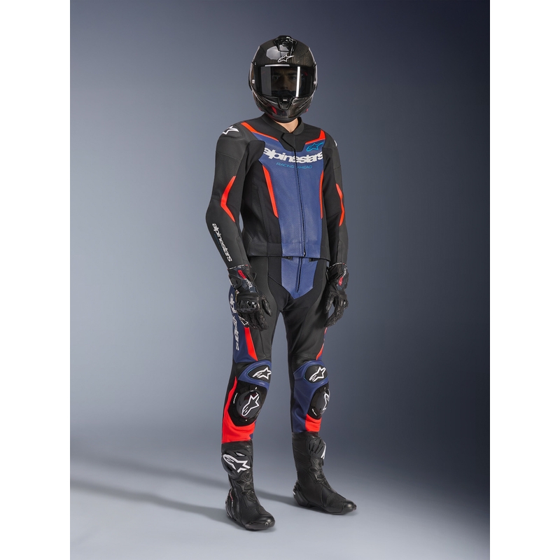Costum de motocicletă Alpinestars GP Force V2 din două piese negru-albastru-roșu fluo