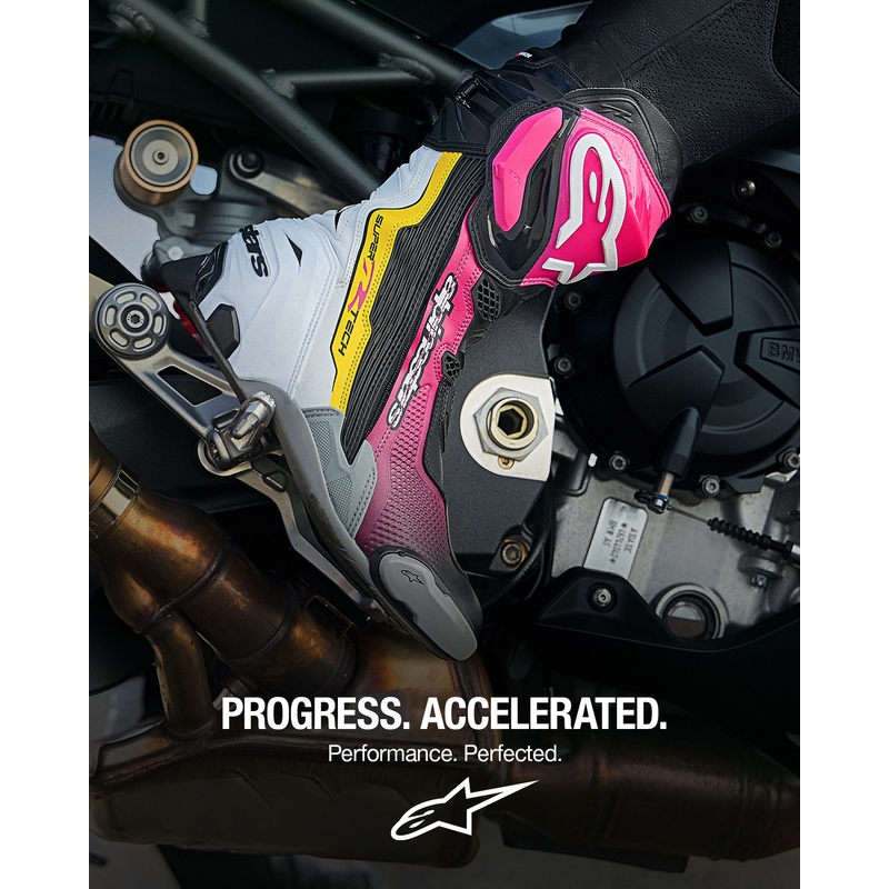 Ghete moto Alpinestars Supertech R negru-alb-roz-galben