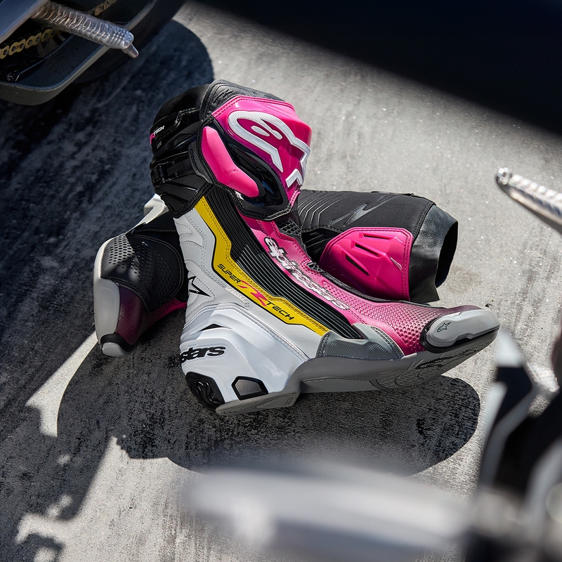 Ghete moto Alpinestars Supertech R negru-alb-roz-galben