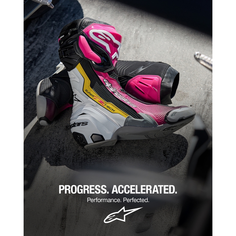 Ghete moto Alpinestars Supertech R negru-alb-roz-galben