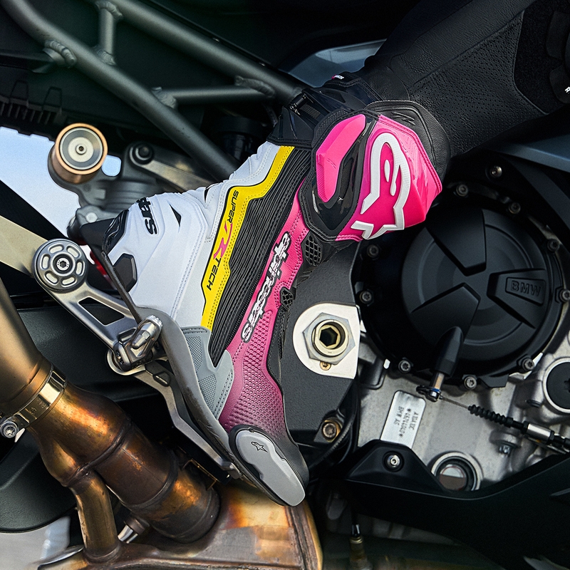 Ghete moto Alpinestars Supertech R negru-alb-roz-galben