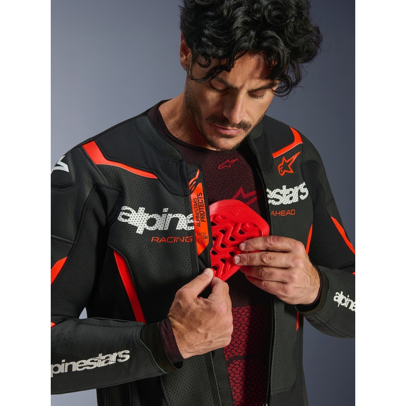 Geacă de piele pentru motocicletă Alpinestars GP Force V2 Airflow negru-fluoro-roșu-alb