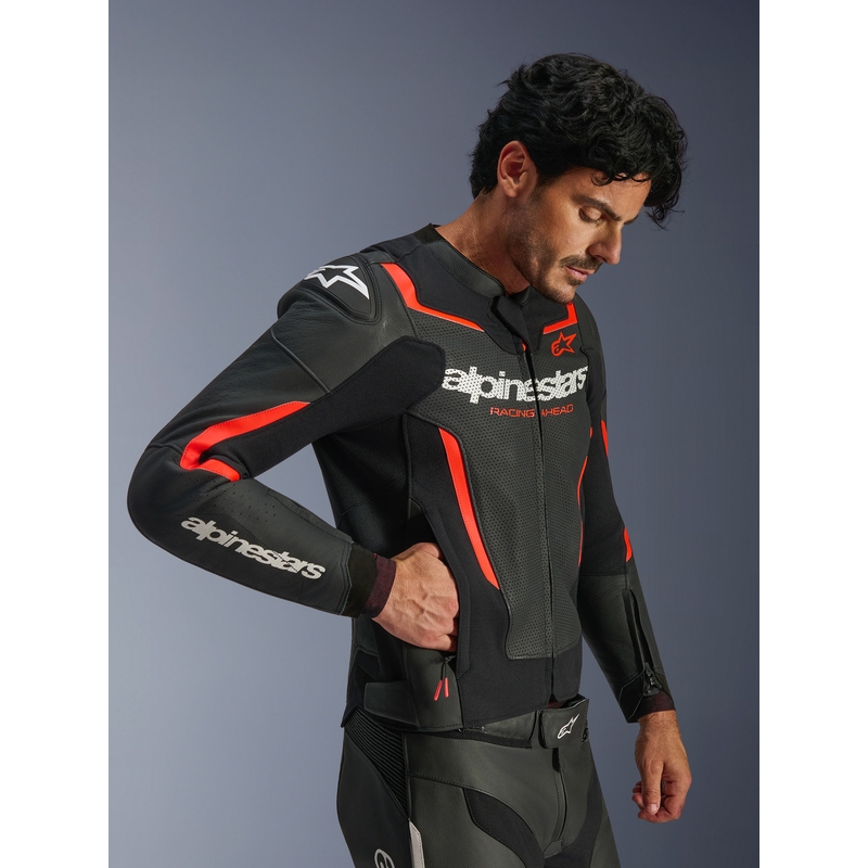 Geacă de piele pentru motocicletă Alpinestars GP Force V2 Airflow negru-fluoro-roșu-alb