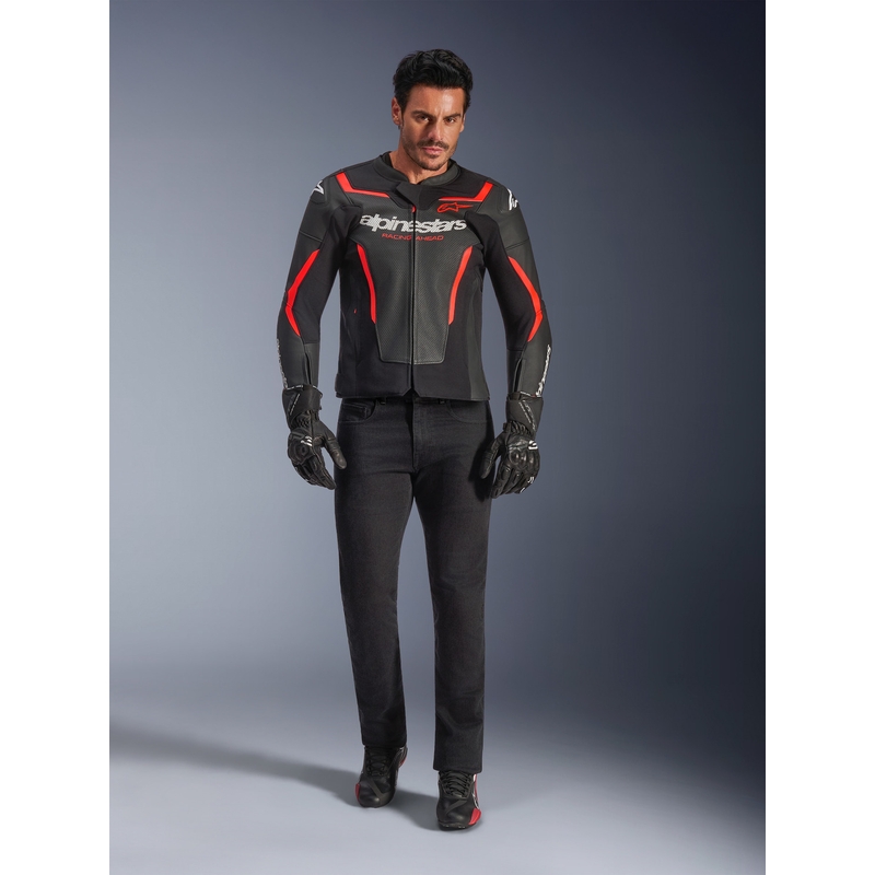 Geacă de piele pentru motocicletă Alpinestars GP Force V2 Airflow negru-fluoro-roșu-alb