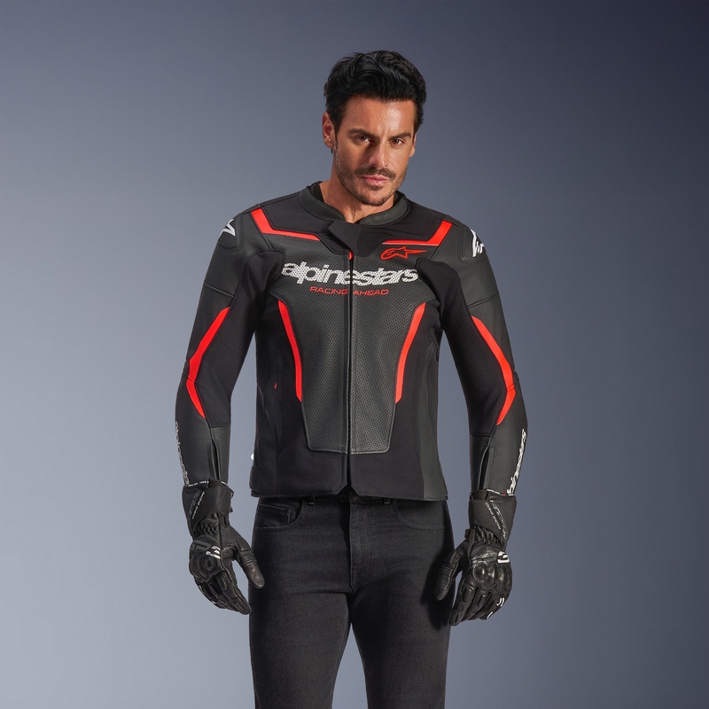 Geacă de piele pentru motocicletă Alpinestars GP Force V2 Airflow negru-fluoro-roșu-alb