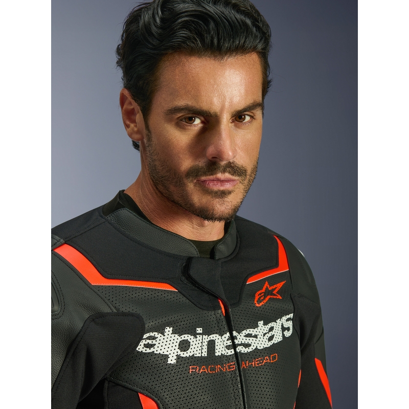 Geacă de piele pentru motocicletă Alpinestars GP Force V2 Airflow negru-fluoro-roșu-alb
