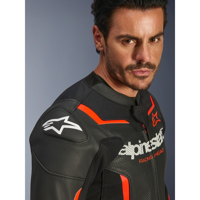 Geacă de piele pentru motocicletă Alpinestars GP Force V2 Airflow negru-fluoro-roșu-alb