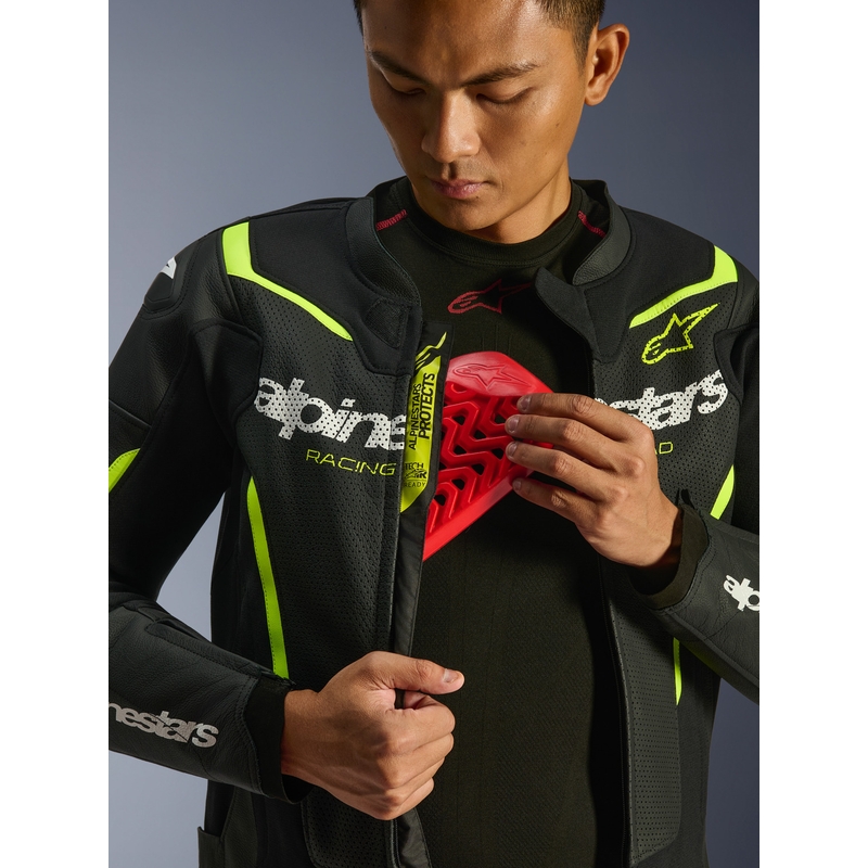 Geacă de piele pentru motocicletă Alpinestars GP Force V2 Airflow negru-galben fluo