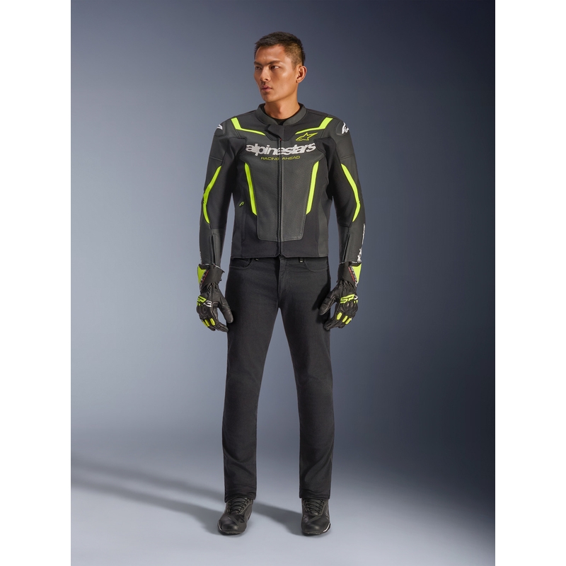 Geacă de piele pentru motocicletă Alpinestars GP Force V2 Airflow negru-galben fluo