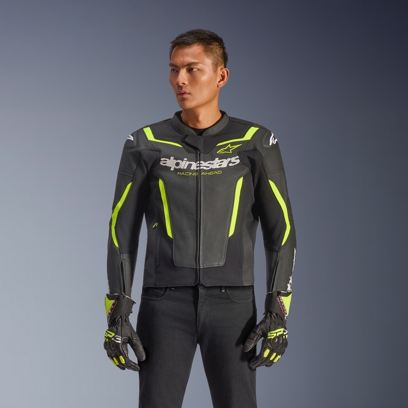 Geacă de piele pentru motocicletă Alpinestars GP Force V2 Airflow negru-galben fluo