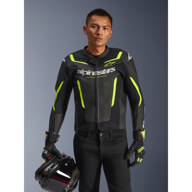Geacă de piele pentru motocicletă Alpinestars GP Force V2 Airflow negru-galben fluo