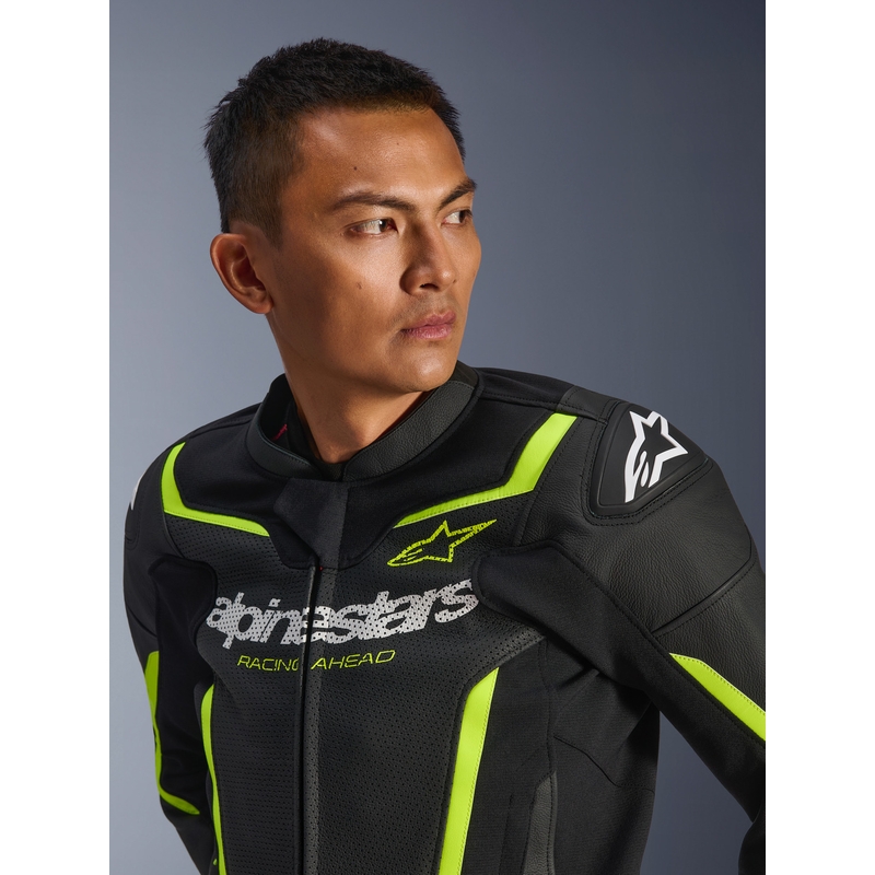 Geacă de piele pentru motocicletă Alpinestars GP Force V2 Airflow negru-galben fluo