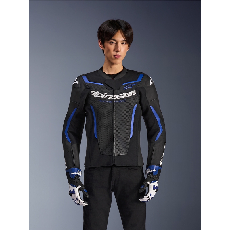 Geacă de piele pentru motocicletă Alpinestars GP Force V2 Airflow negru-albastru metalizat