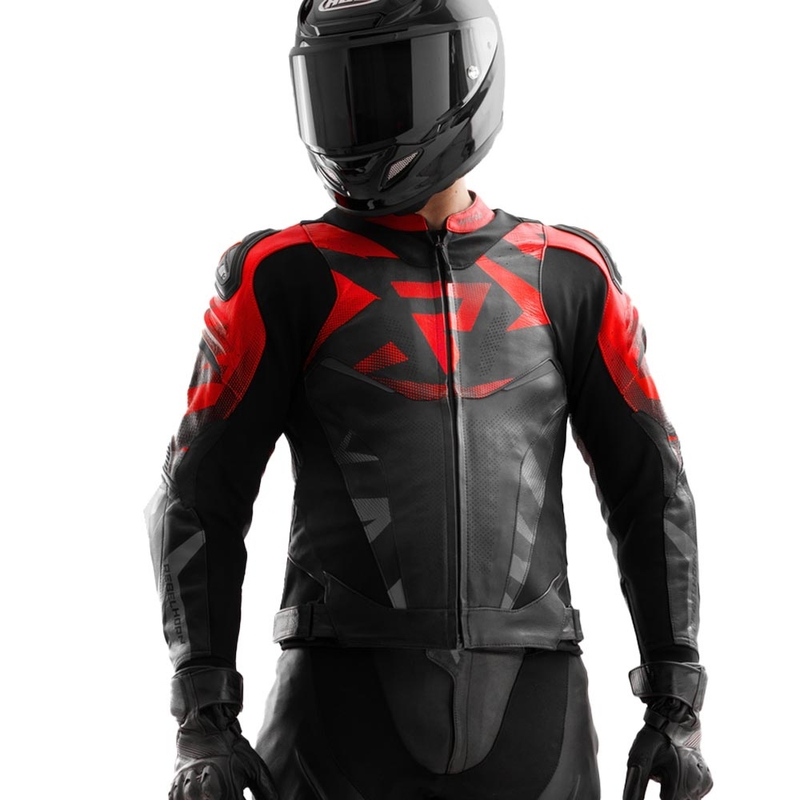 Geacă de motocicletă din piele Rebelhorn Inferno negru-roșu fluo