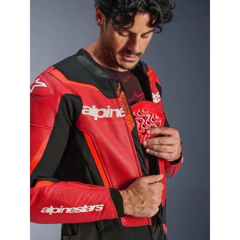 Geacă de piele pentru motocicletă Alpinestars GP Force V2 Airflow roșu fluo-negru-alb