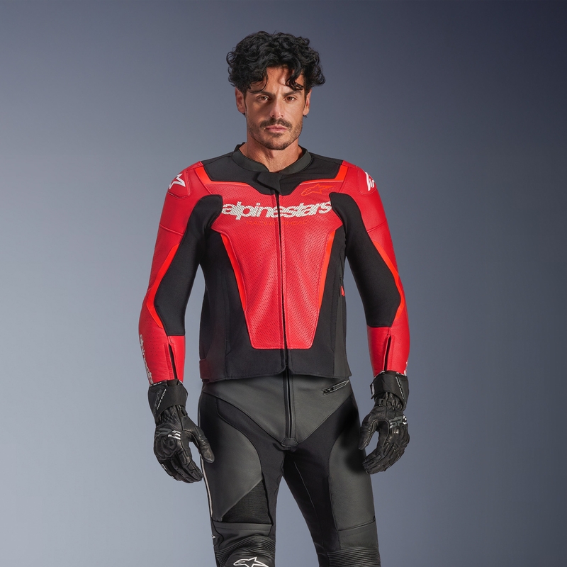 Geacă de piele pentru motocicletă Alpinestars GP Force V2 Airflow roșu fluo-negru-alb