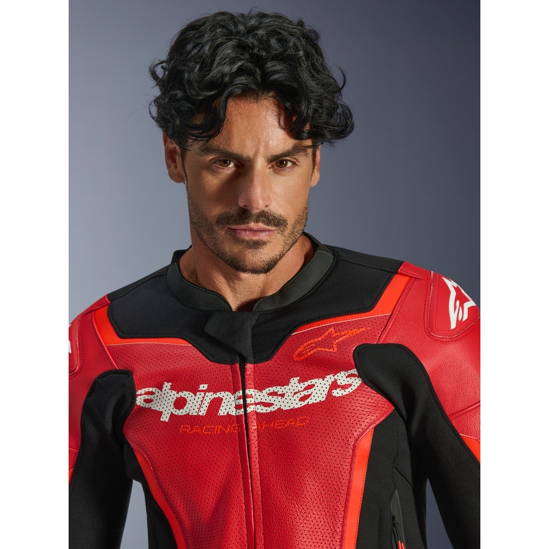 Geacă de piele pentru motocicletă Alpinestars GP Force V2 Airflow roșu fluo-negru-alb