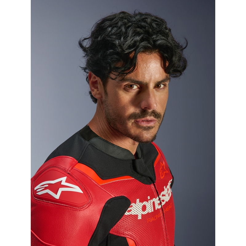 Geacă de piele pentru motocicletă Alpinestars GP Force V2 Airflow roșu fluo-negru-alb