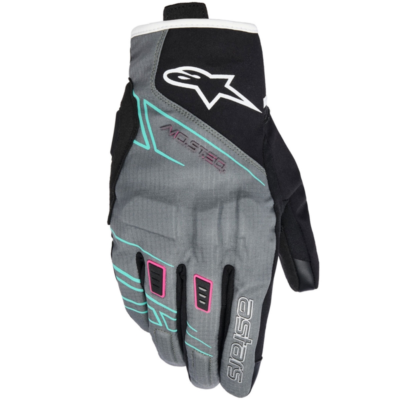 Mănuși de motocicletă pentru femei Alpinestars STELLA MOBLAST WATERPROOF gri-negru-roz fluo-turcoaz-alb