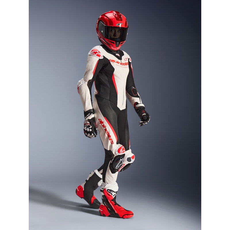 Costum de motocicletă din piele pentru femei, dintr-o singură piesă, Alpinestars Stella GP-R7 alb-fluoro-roșu-negru