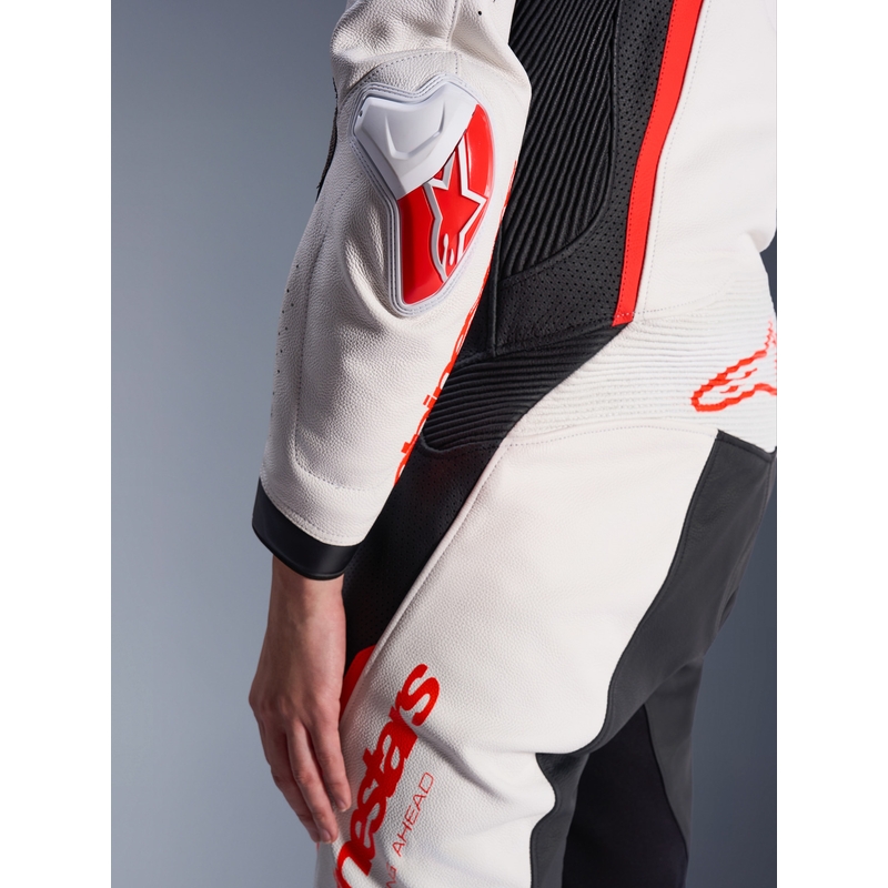 Costum de motocicletă din piele pentru femei, dintr-o singură piesă, Alpinestars Stella GP-R7 alb-fluoro-roșu-negru