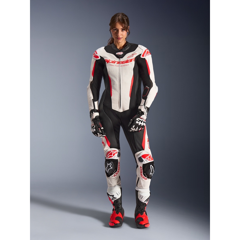 Costum de motocicletă din piele pentru femei, dintr-o singură piesă, Alpinestars Stella GP-R7 alb-fluoro-roșu-negru