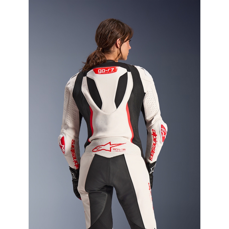 Costum de motocicletă din piele pentru femei, dintr-o singură piesă, Alpinestars Stella GP-R7 alb-fluoro-roșu-negru
