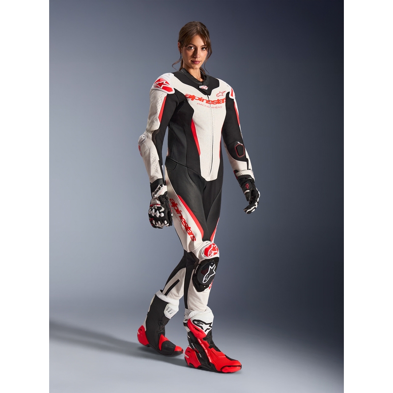 Costum de motocicletă din piele pentru femei, dintr-o singură piesă, Alpinestars Stella GP-R7 alb-fluoro-roșu-negru