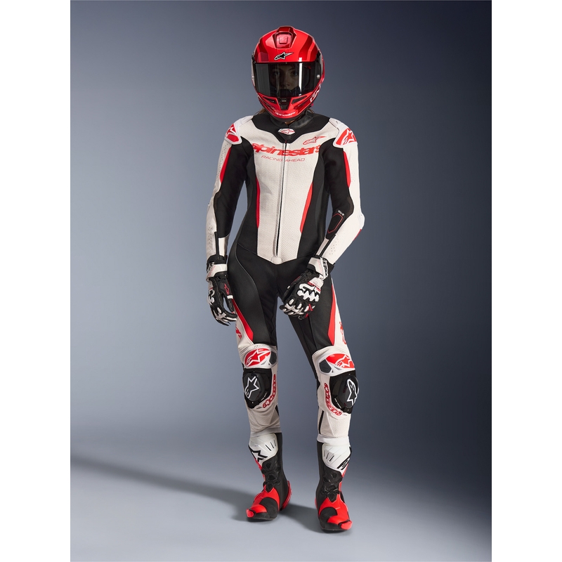 Costum de motocicletă din piele pentru femei, dintr-o singură piesă, Alpinestars Stella GP-R7 alb-fluoro-roșu-negru