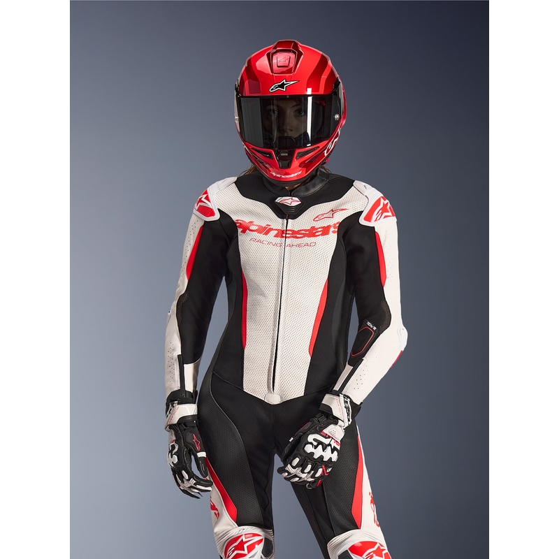 Costum de motocicletă din piele pentru femei, dintr-o singură piesă, Alpinestars Stella GP-R7 alb-fluoro-roșu-negru
