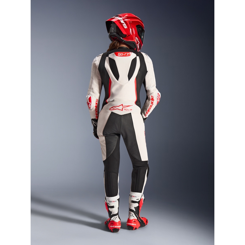 Costum de motocicletă din piele pentru femei, dintr-o singură piesă, Alpinestars Stella GP-R7 alb-fluoro-roșu-negru