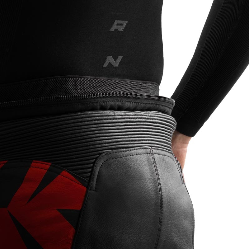 Pantaloni de motocicletă din piele Rebelhorn Inferno negru-roșu fluo