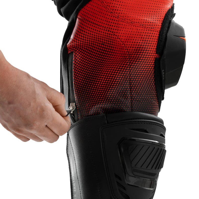 Pantaloni de motocicletă din piele Rebelhorn Inferno negru-roșu fluo
