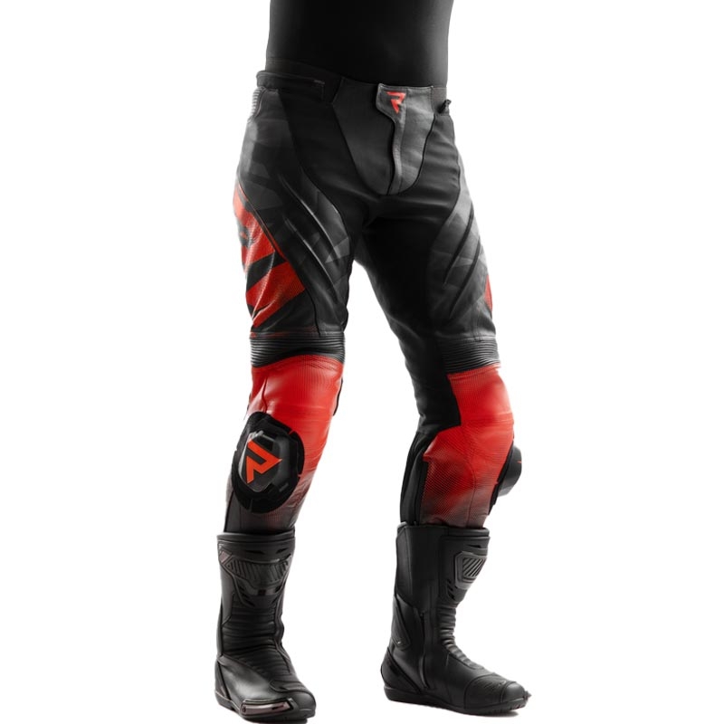 Pantaloni de motocicletă din piele Rebelhorn Inferno negru-roșu fluo