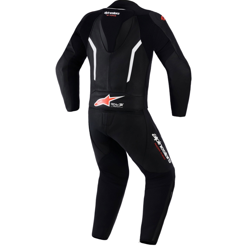Costum de piele Alpinestars GP Force V2 din două piese negru-alb-roșu fluo