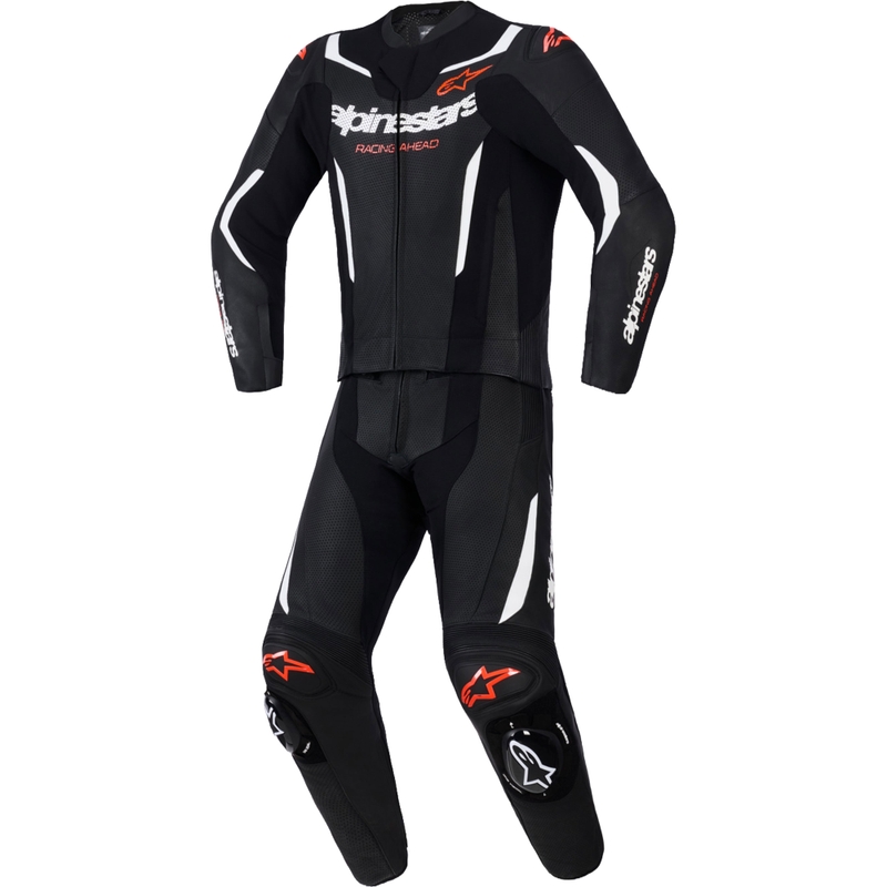 Costum de piele Alpinestars GP Force V2 din două piese negru-alb-roșu fluo
