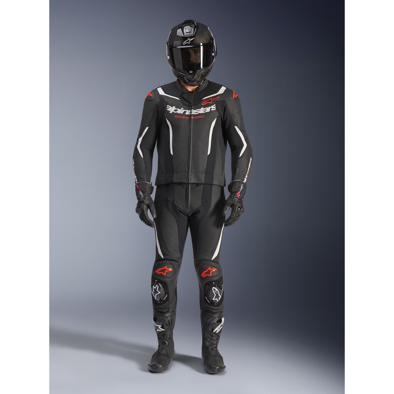 Costum de piele Alpinestars GP Force V2 din două piese negru-alb-roșu fluo