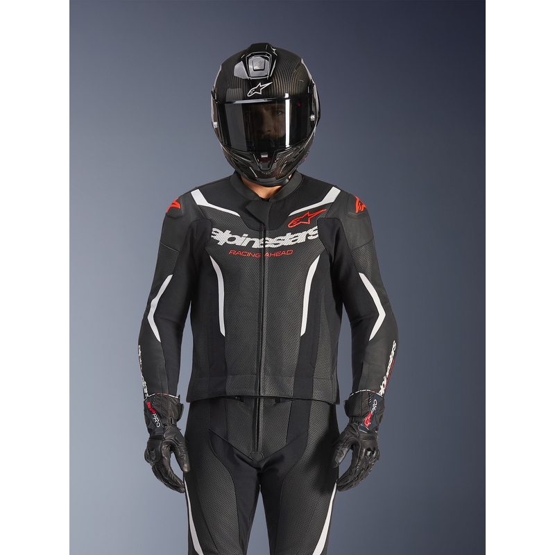 Costum de piele Alpinestars GP Force V2 din două piese negru-alb-roșu fluo